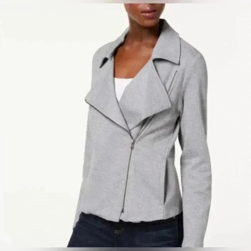 Eileen Fisher Organic Cotton Tweed Moto Herringbone Jacket Gray Size M